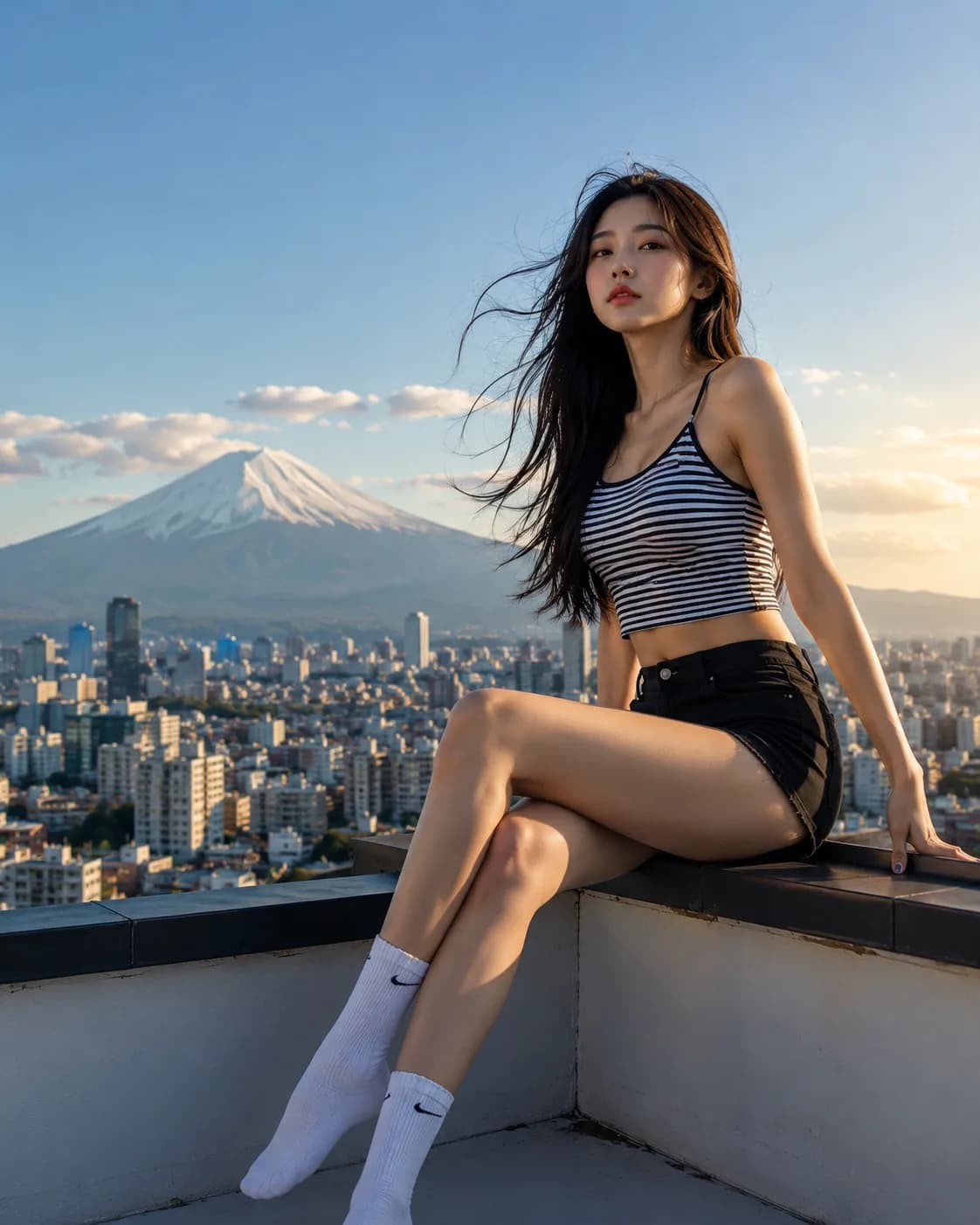 도시와 산을 배경으로 한 여인